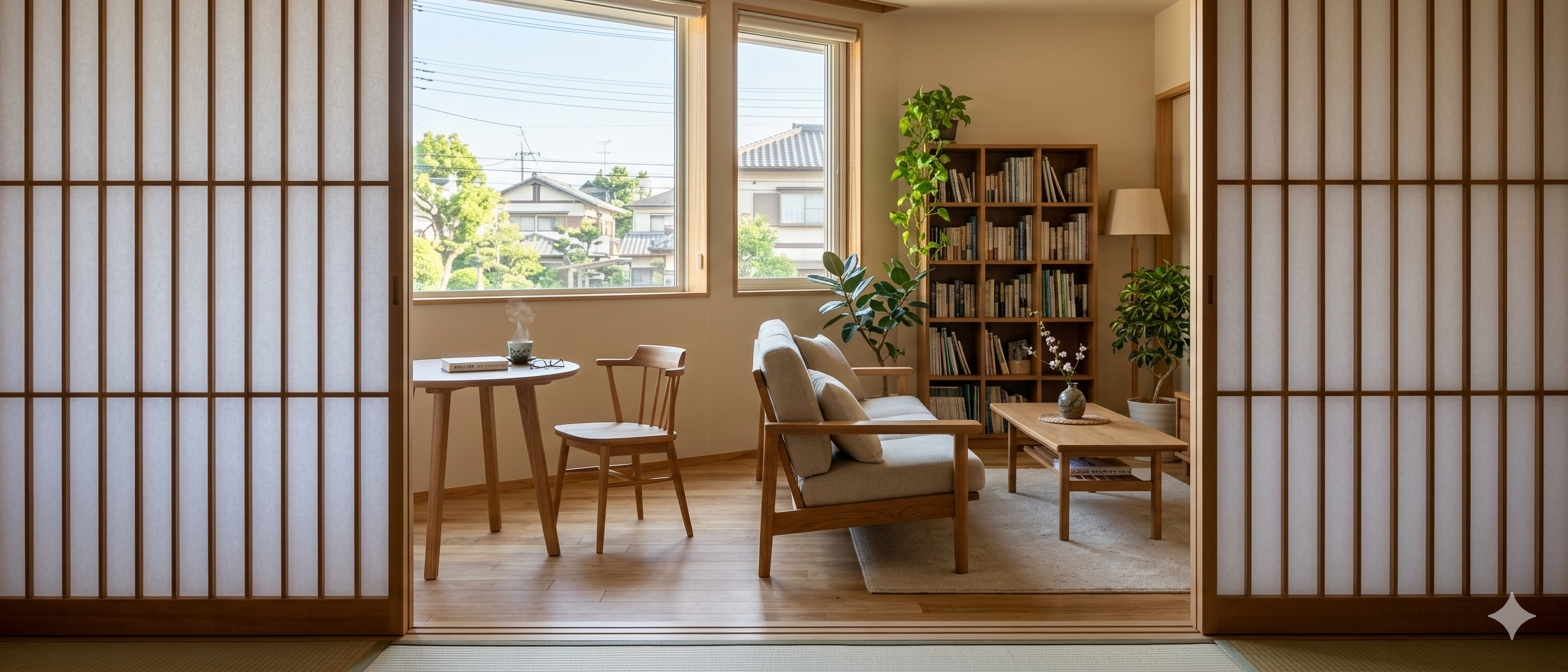 障子越しに見える静かな朝のリビング